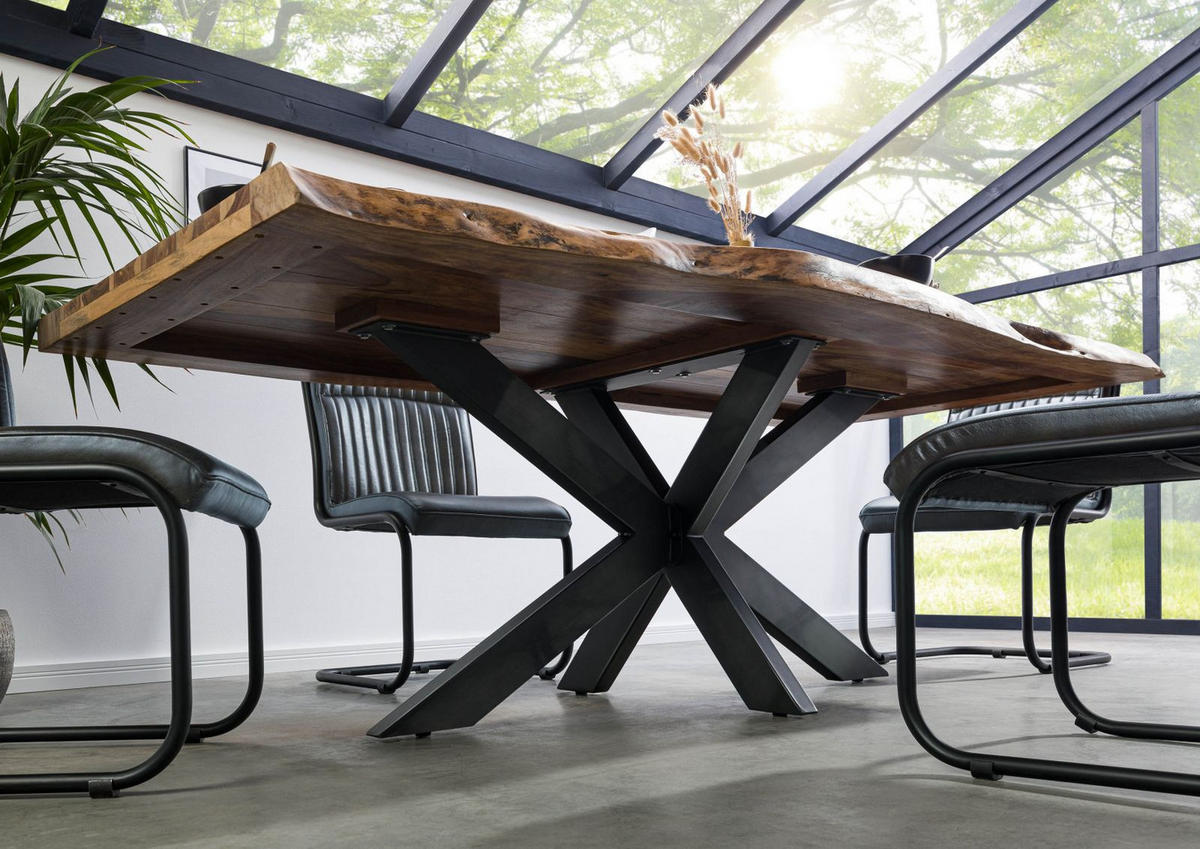 BAUMTISCH Sheesham 180x90x77 natur sandgestrahlt / Kreuzgestell anthrazit glänzend FREEFORM 5 - Braun, Holz (180/90/77cm) - Massivmoebel24