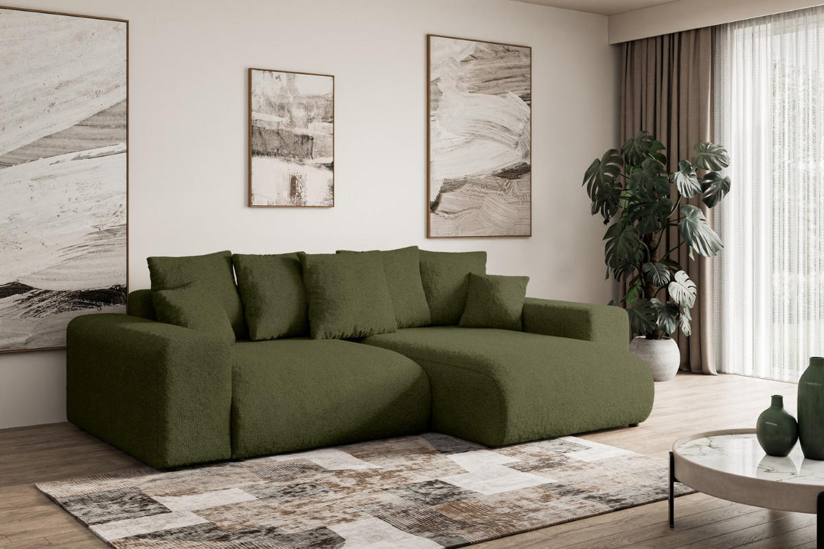 ECKSOFA Ottomane rechts ESKAR-L 266x176x84 Olivgrün Bouclé - Schwarz/Olivgrün, Holzwerkstoff/Kunststoff (176/266cm) - ALTDECOR