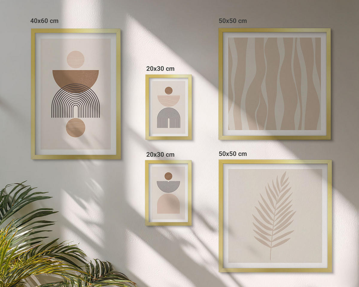 WANDBILDER 5er Set - 50x50 cm & 20x30 cm & 40x60 cm Goldrahmen - Abstrakte Formen braun beige - Goldfarben, Kunststoff (40/60cm) - ArtPrintCave