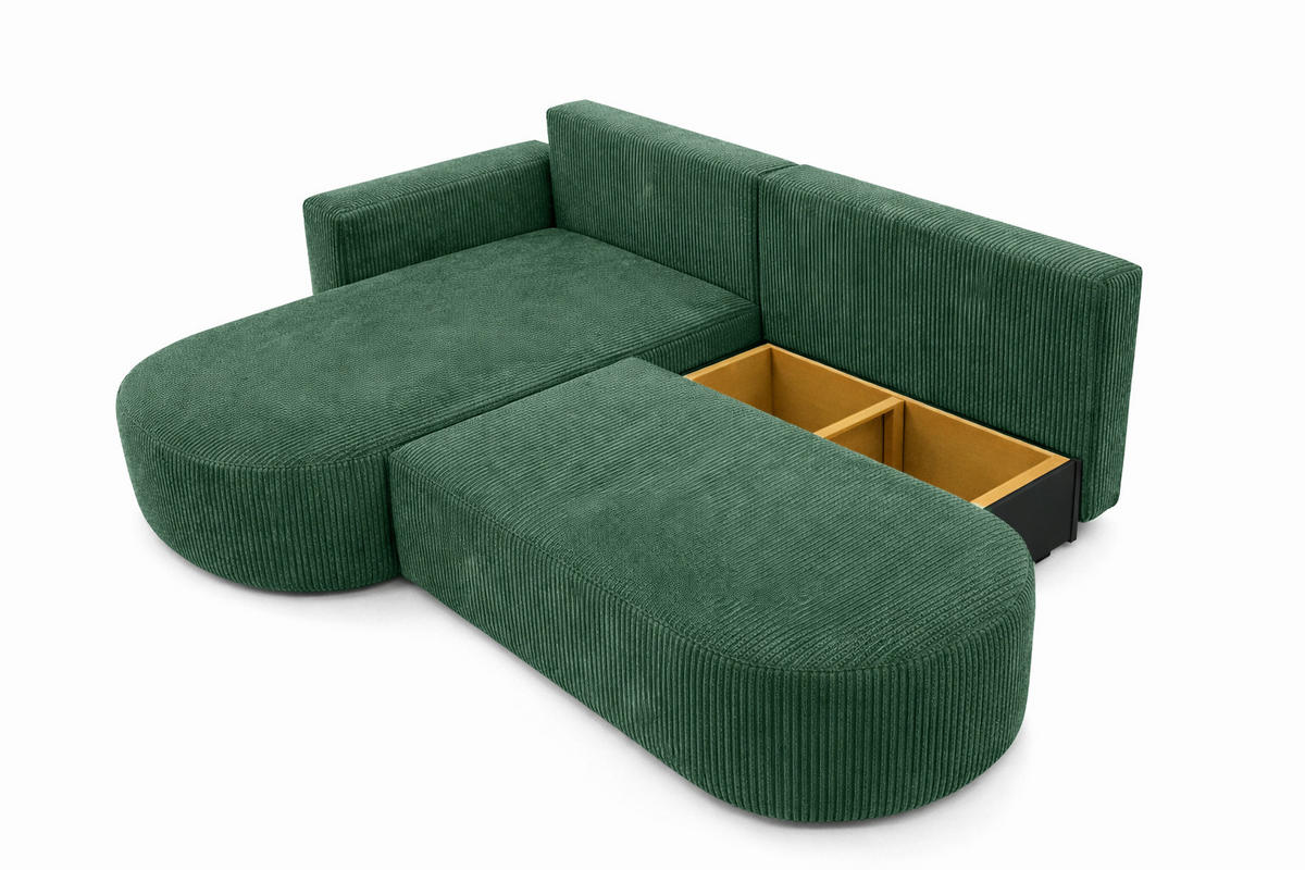 ECKSOFA Mit Schlaffunktion Und Bettkasten, Cordstoff Poso, Grün, Links, ROUND ONE OPEN XL - Grün, Holz (262/175cm) - Kaiser Möbel