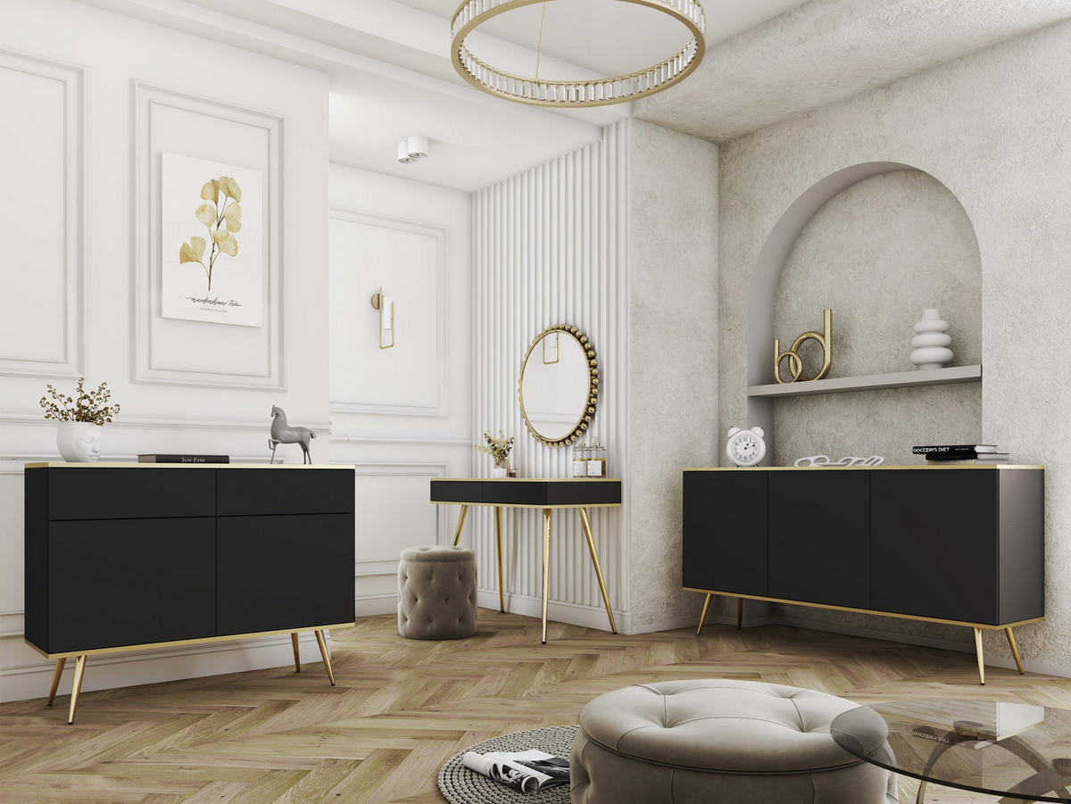 KOMMODE ORO - K-160, 2-Türen, 2-Schubladen, Push-to-Open 160x39x85 cm Schwarz/Gold - Goldfarben/Schwarz, Holzwerkstoff/Kunststoff (160/85/39cm) - DomoHome