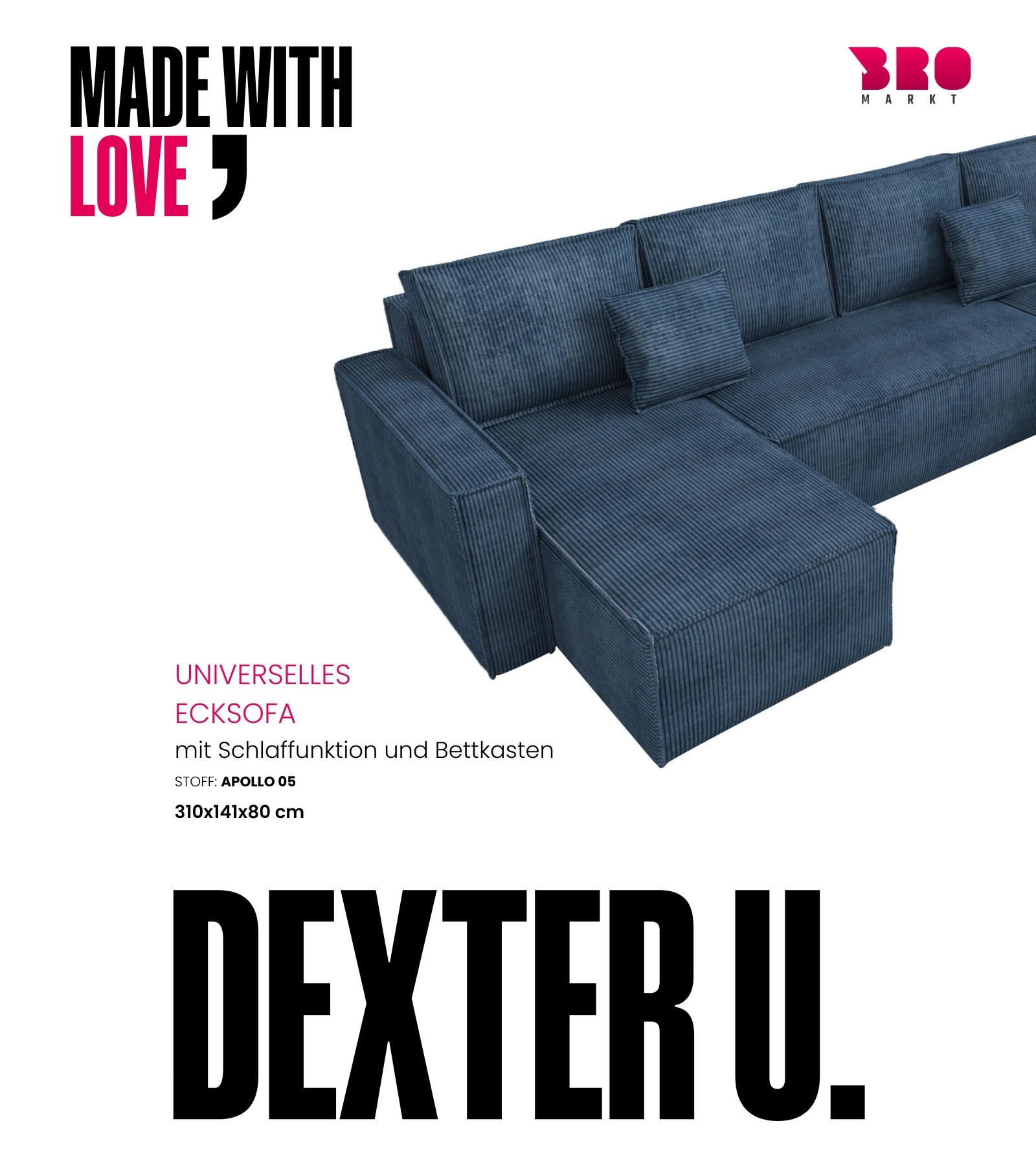 WOHNLANDSCHAFT Dexter U mit Schlaffunktion Blau Cord - Blau, Textil (310/80/141cm) - Bromarkt