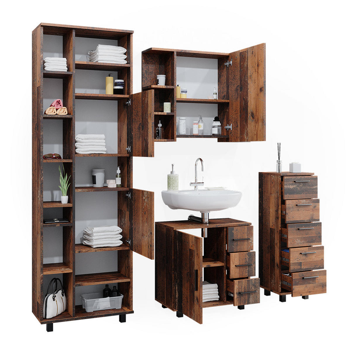 BADMÖBEL-SET Ilias Eiche rustikal 4 Teile - Wildeiche, Holzwerkstoff (60/60/33cm) - Vicco