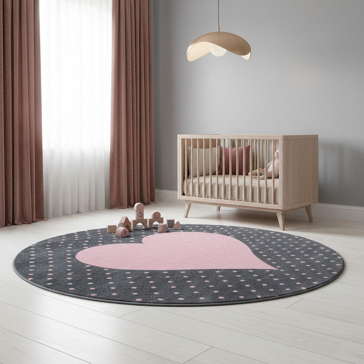 TEPPICH Kinder Kurzflor Herz Polypropylen Kinderzimmer Pink Rund 120x120 - Rosa, Textil (120/120cm) - KADIMA DESIGN