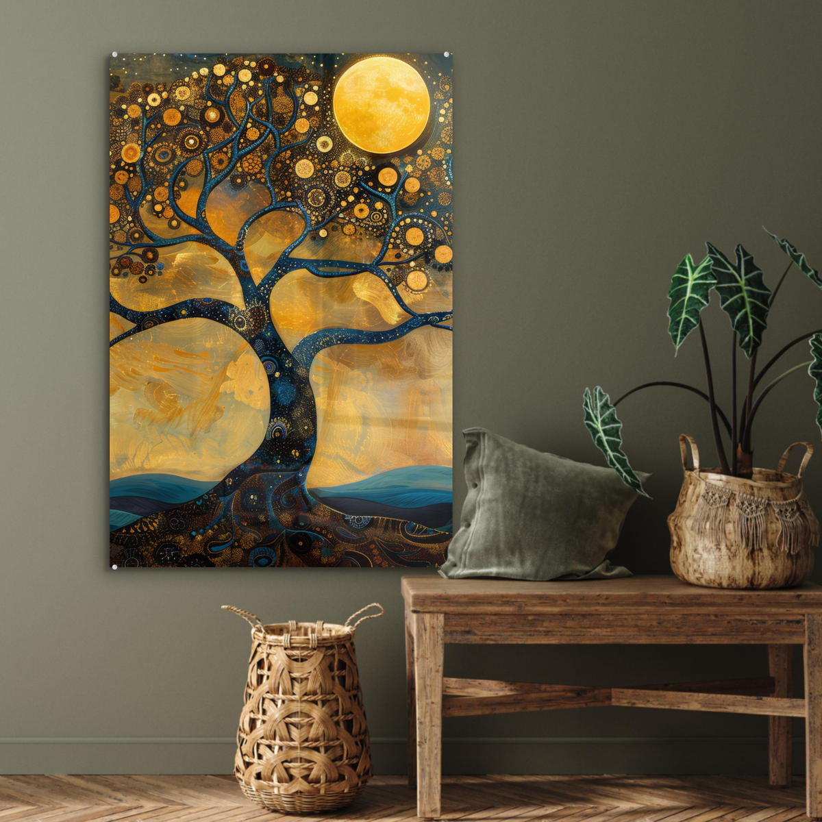 ACRYLGLASBILD Baum - Mond - Blumen - Gold - Kunst 60x90 cm - Orange, Glas (60/90cm) - MuchoWow
