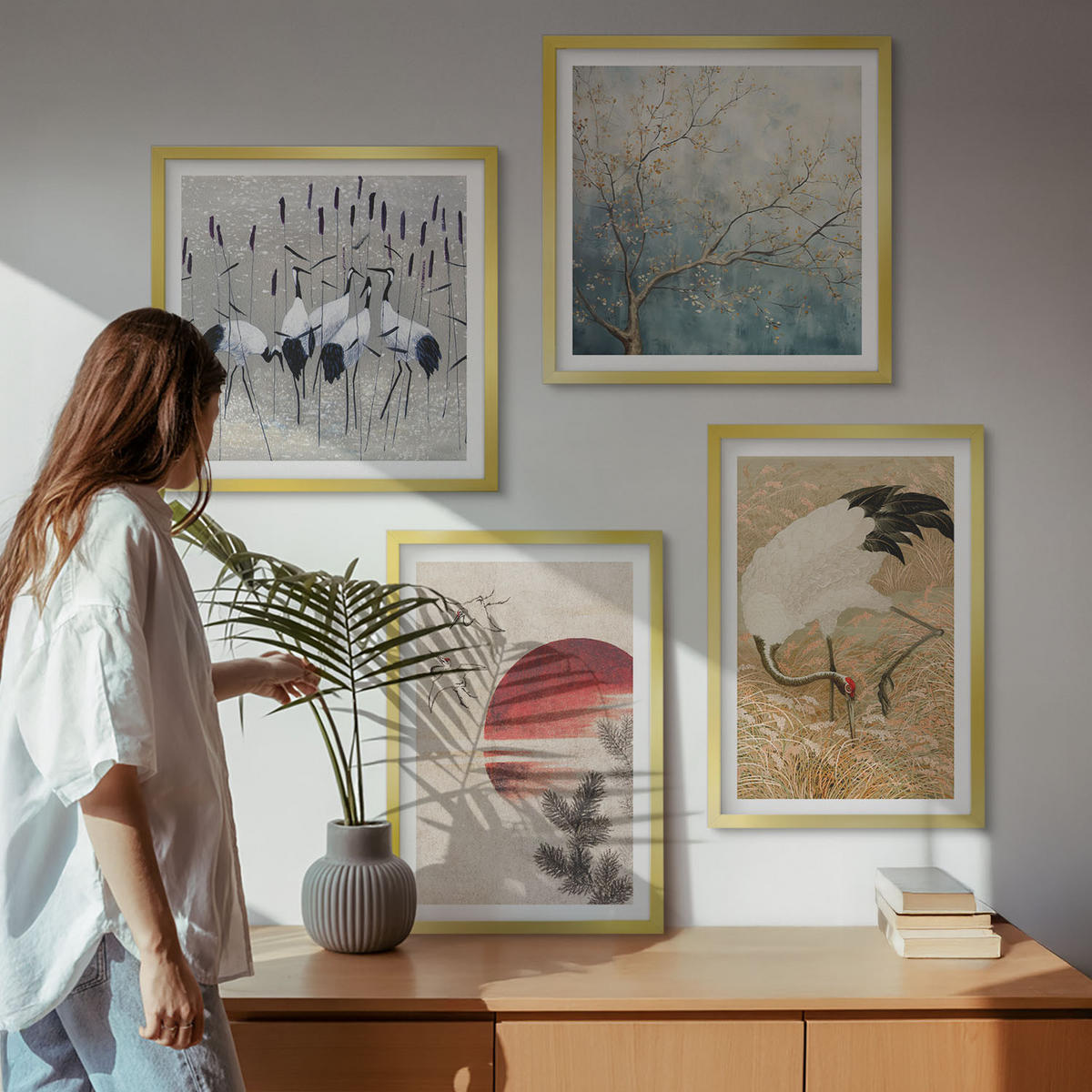BILDER SET 4er Set - 50x50 cm & 40x60 cm Goldrahmen - Japanische Kraniche Landschaft - Goldfarben, Kunststoff (50/50cm) - TULUP