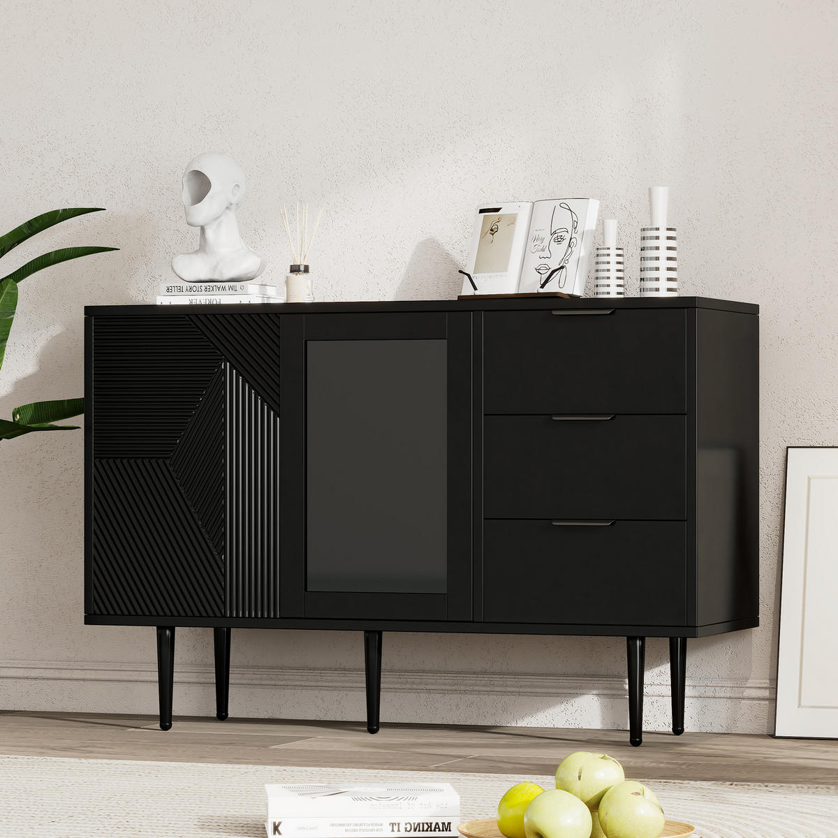 KOMMODE mit 3 Schubladen und 2 Türen Black 120/38/79.5 cm - Schwarz, Holz (38/79.5/120cm) - Urban Meuble