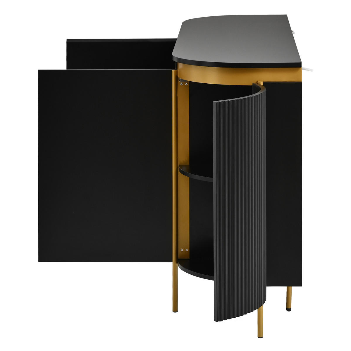 SIDEBOARD Oval 140cm MDF Riffel-Optik 4 Türen Gold-Details - Schwarz, Holzwerkstoff (140/80/38cm) - Urban Meuble