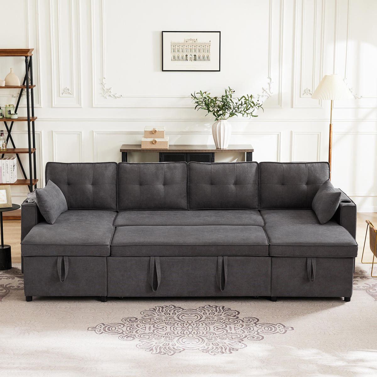 ECKSOFA U-Form Bettfunktion Baumwoll-Leinen Getränkehalter Stauraum Grau - Grau, Holz (123.01/19.71/65.51cm) - FLIEKS