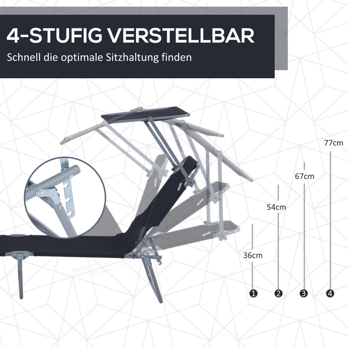 SONNENLIEGE aus Metall 187x58x36 cm in Schwarz mit verstellbarem Sonnendach - Schwarz, Metall (58/36/187cm) - Modfu