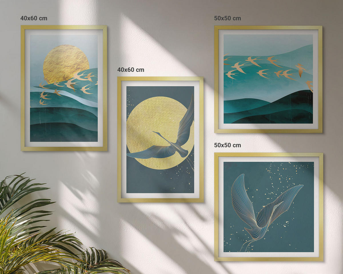 WANDBILDER 4er Set - 50x50 cm & 40x60 cm Goldrahmen - Stilvolle Landschaften mit Vögeln - Goldfarben, Kunststoff (50/50cm) - ArtPrintCave