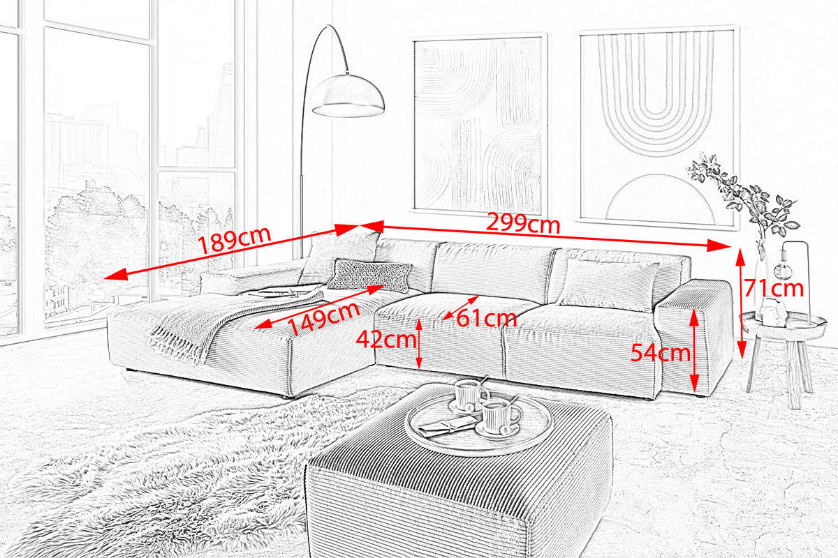 ECKSOFA RANI Taupe Cord - Taupe/Schwarz, Kunststoff/Textil (299/189cm) - KAWOLA