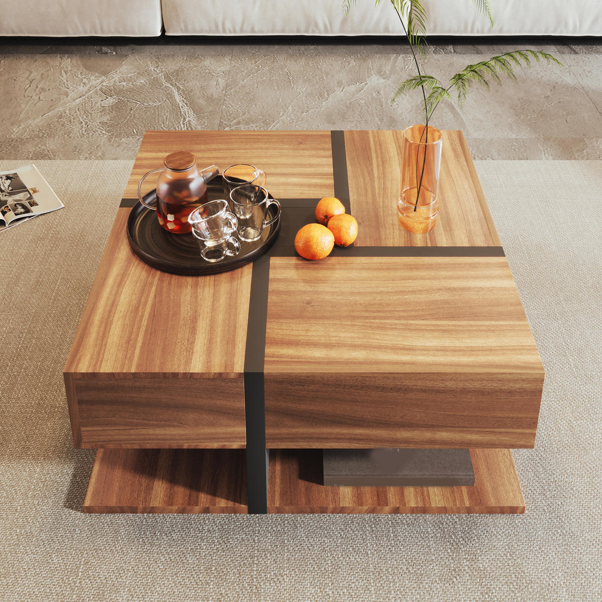 COUCHTISCH mit 4 Schubladen 78x78 cm Schwarz und Holzoptik - Braun, Holzwerkstoff (78/78/36cm) - Meubliv