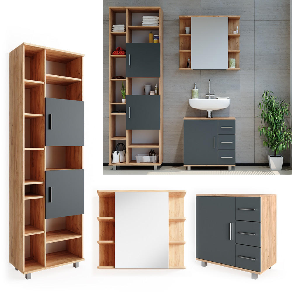BADMÖBEL-SET Ilias Eiche 3 Teile, mit Unterschrank 60 cm - Eichefarben/Anthrazit, Holzwerkstoff (60/60.8/33cm) - Vicco