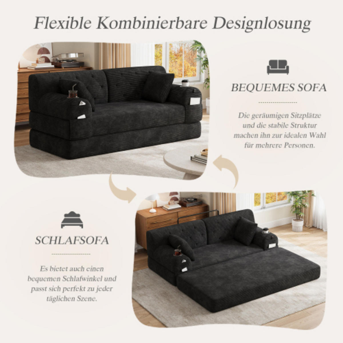 SCHLAFSOFA mit Metallrahmen schwarz 168×80×81 cm aus Cordstoff - Schwarz, Textil (80/81/168cm) - Luhomfu
