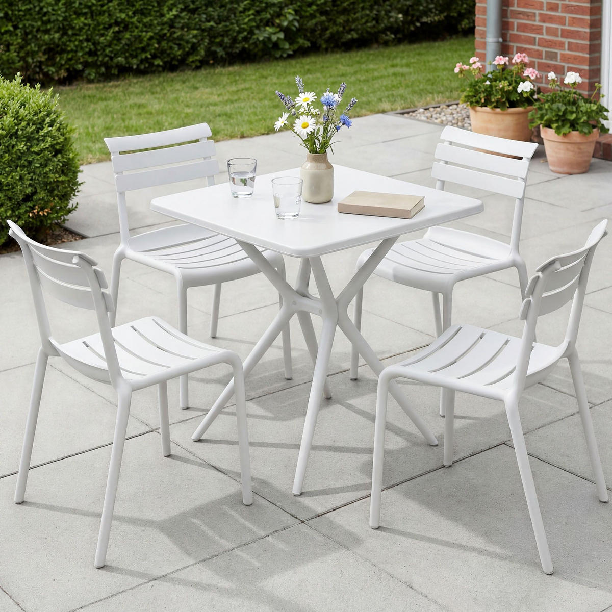 GARTENMÖBEL-SET Klara 4 Stühle 190x190x82cm Kunststoff Weiß Balkonset - Weiß, Kunststoff - DELUKE