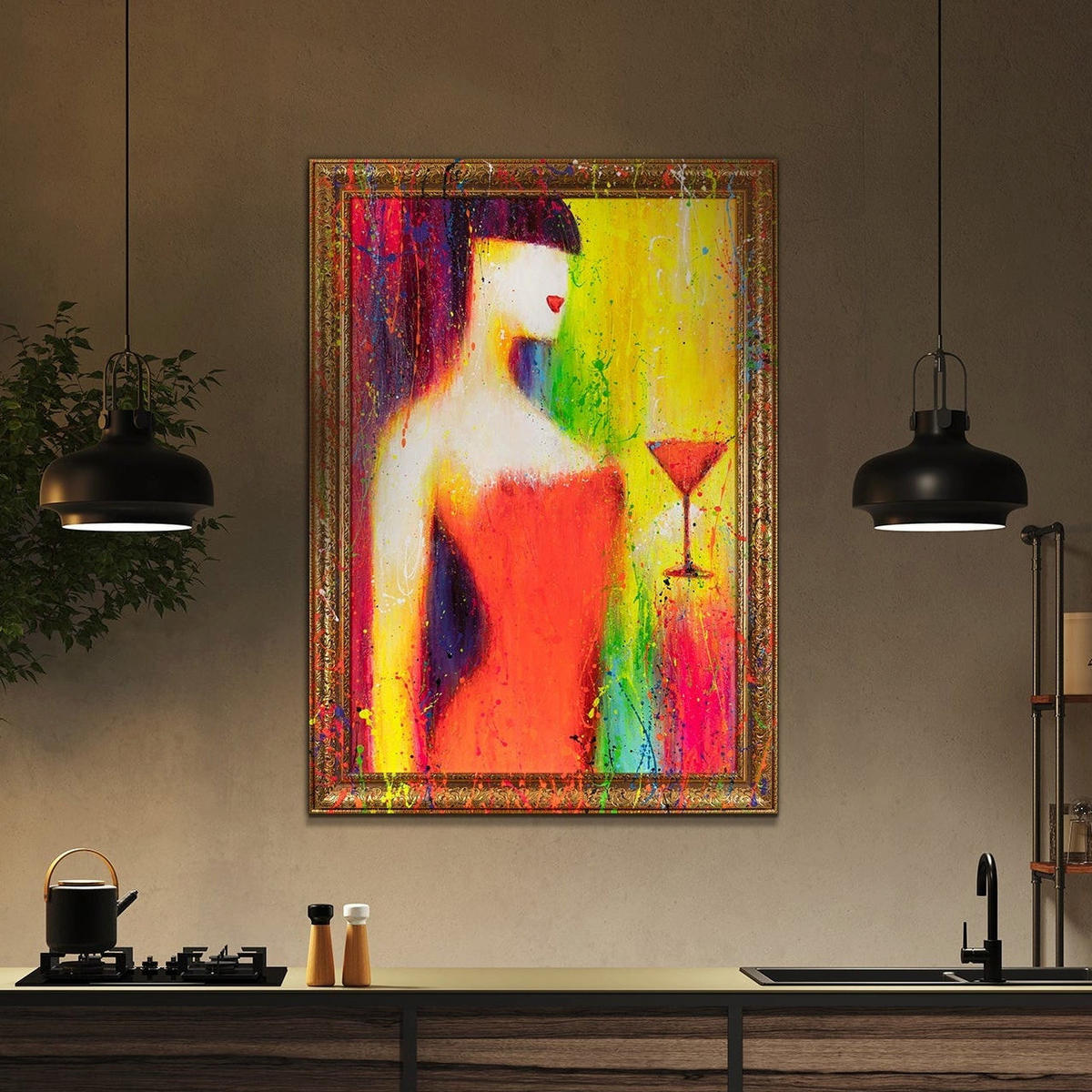 GEMÄLDE Dame mit einem Glas Schattenfugenrahmen Gold 120x80 cm - Goldfarben, Holz (120/80cm) - YS-art gallery