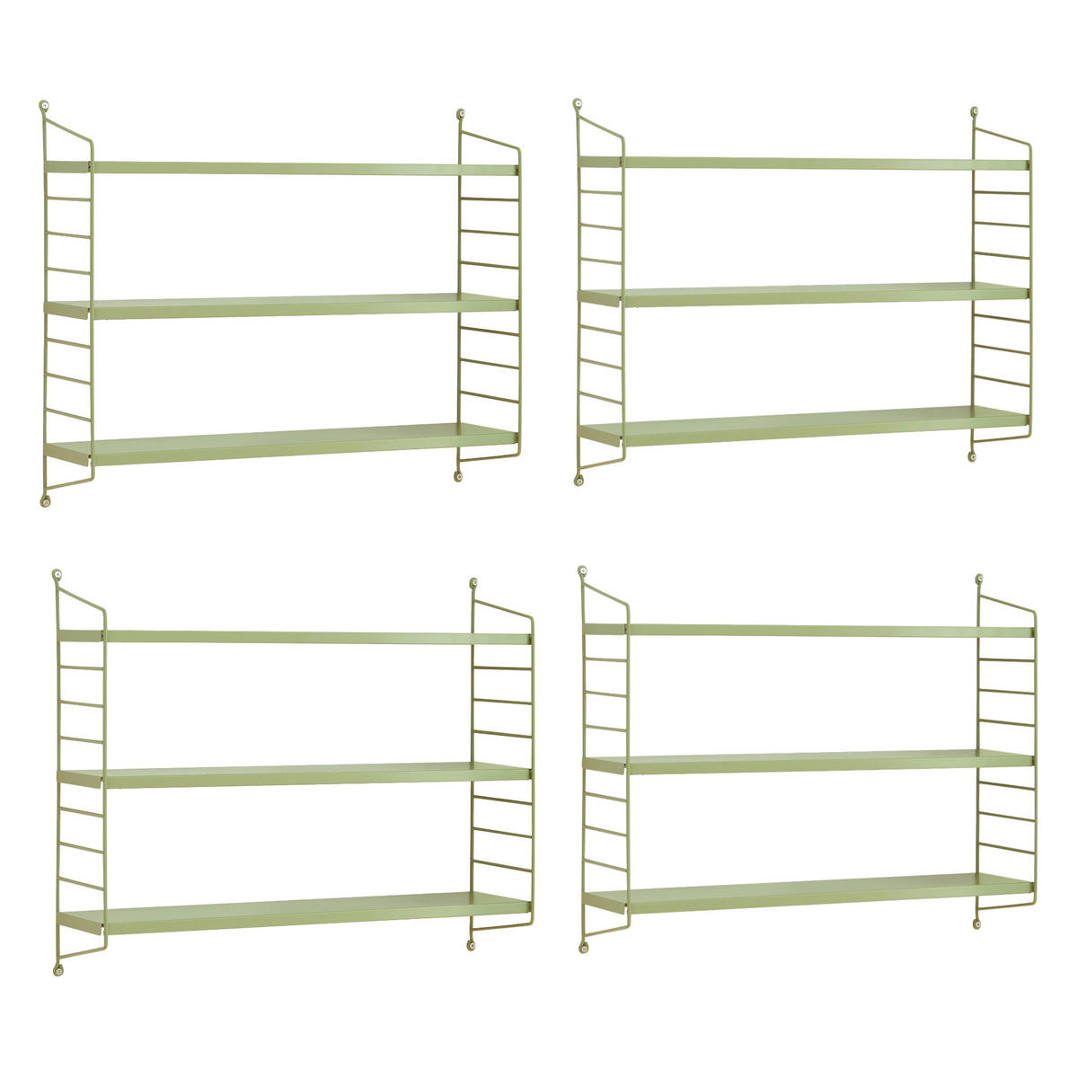 SADA NÁSTĚNNÝCH POLIČEK 4 KS Strängnäs - olivově zelená, kov (60/50/15cm) - [en.casa]