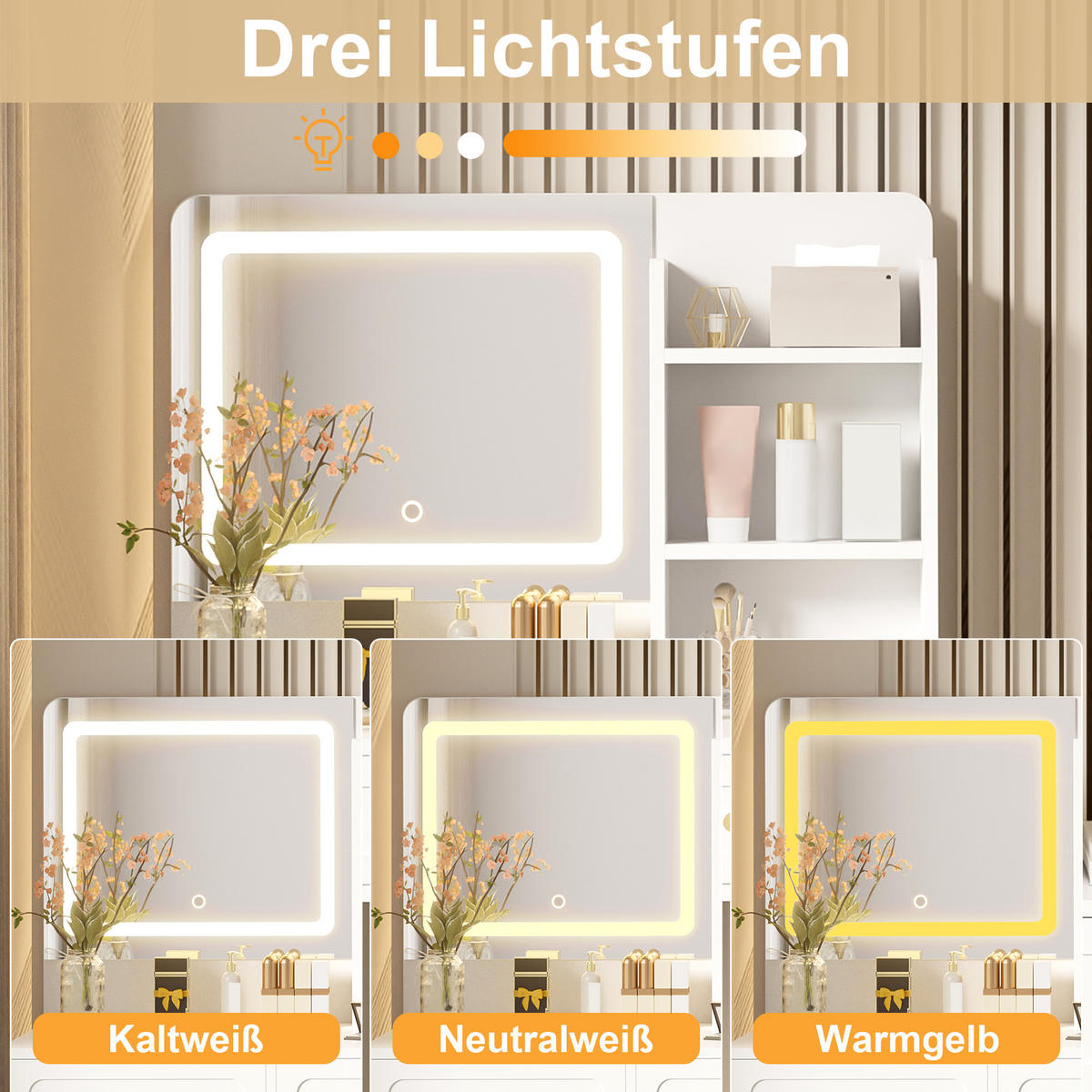 SCHMINKTISCH Weiß LED Spiegel 5 Schubladen 80x39.8x127cm - Weiß, Holzwerkstoff (39.8/127/80cm) - FLIEKS