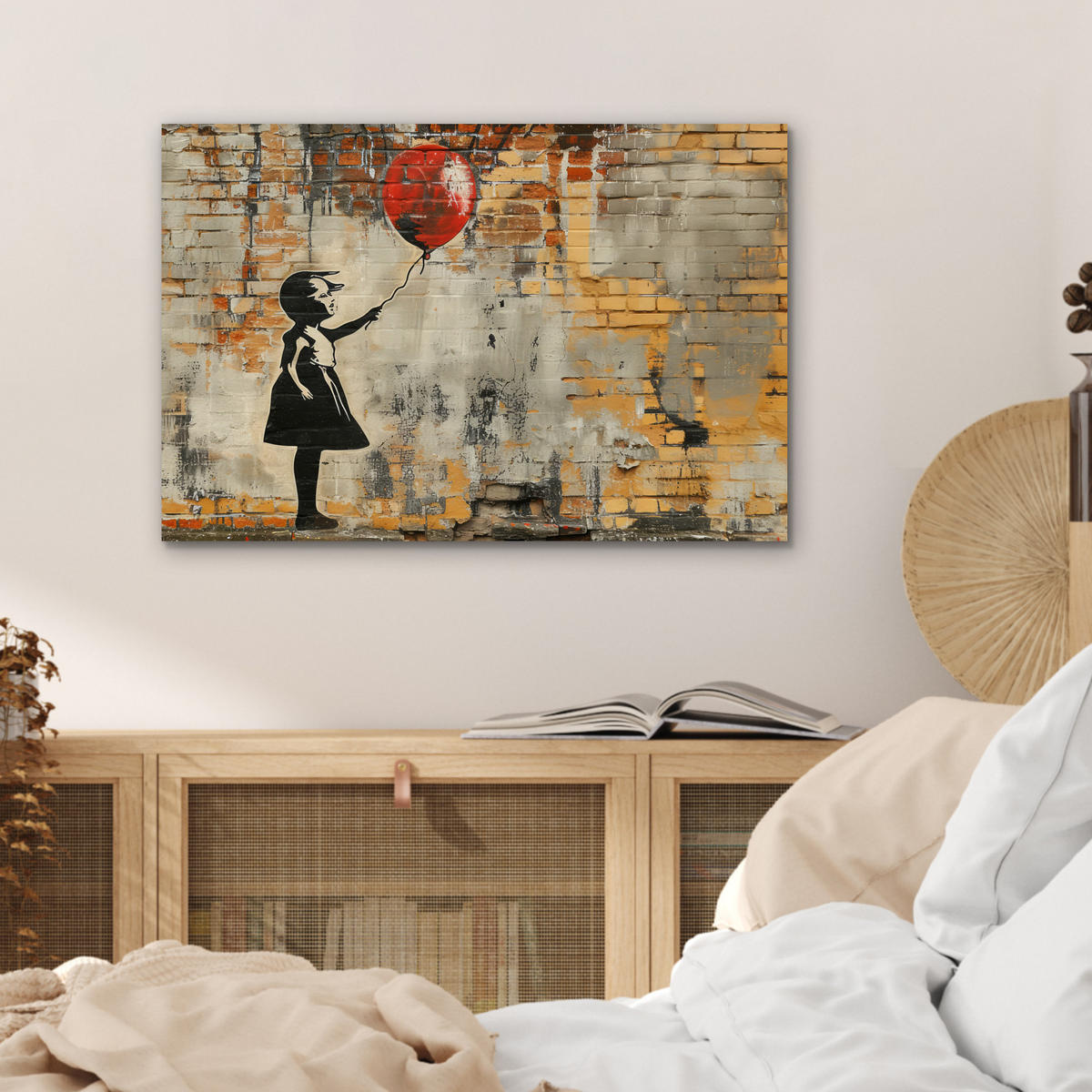 METALLBILD Graffiti - Banksy - Mädchen - Straßenkunst 60x40 cm - Sandfarben, Metall (60/40cm) - MuchoWow