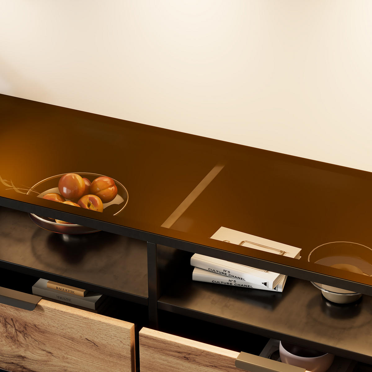 SIDEBOARD Holz mit 4 Türen 3 Schubladen Schwarz/Artisan Eiche - Braun, Glas/Holzwerkstoff (120/80/40cm) - Urban Meuble