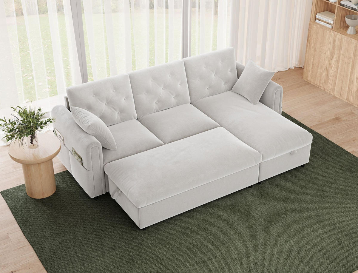 ECKSOFA 219/131/86 cm aus Samt mit Stauraum und variabler Chaiselongue Beige - Beige, Textil (131/219cm) - Modenvie