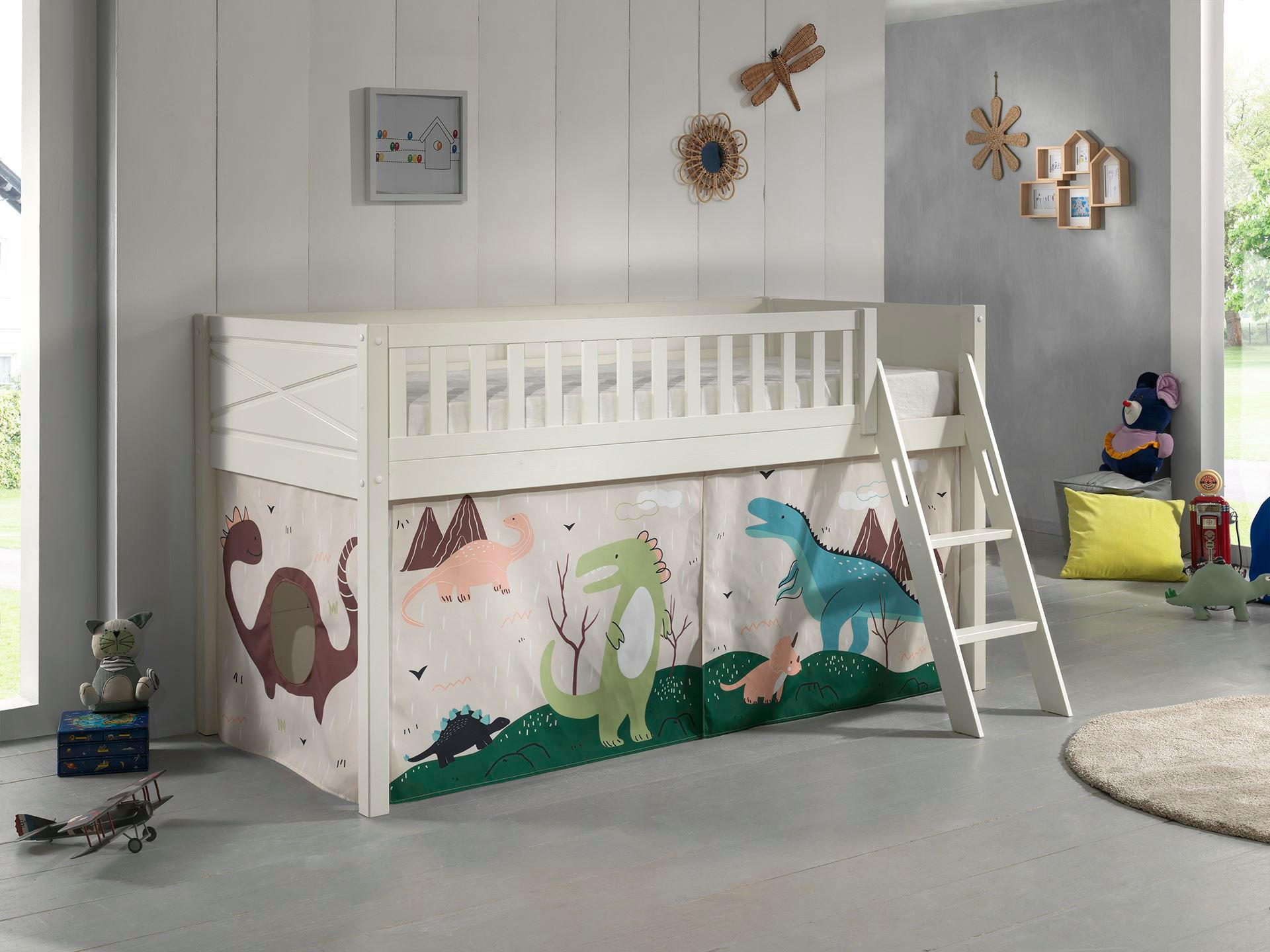 KINDERBETT Karyl 208x114x135 Massivholz Weiß Textilset Dino - Mauve/Weiß, Holz (90/200cm) - 58aufmkessel
