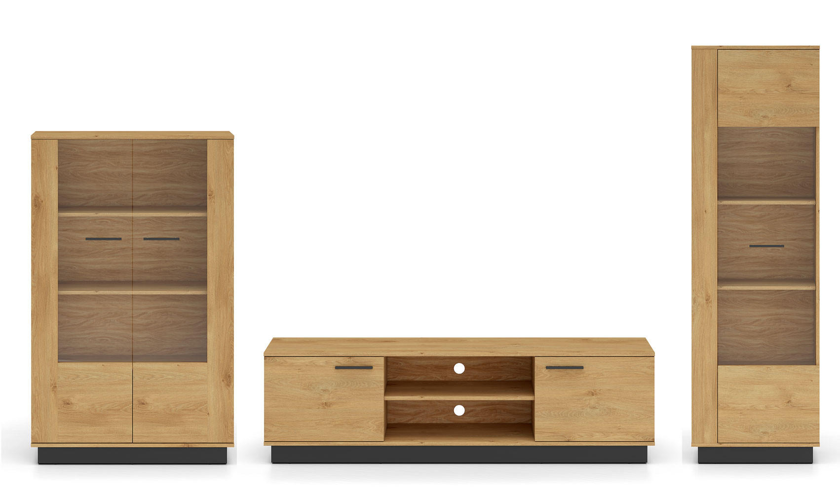 WOHNZIMMER-SET Modesto Eiche Style hell / schwarz 3-teilig - Hellbraun/Eichefarben, Holz/Holzwerkstoff (322/196/40cm) - Feldmann-Wohnen