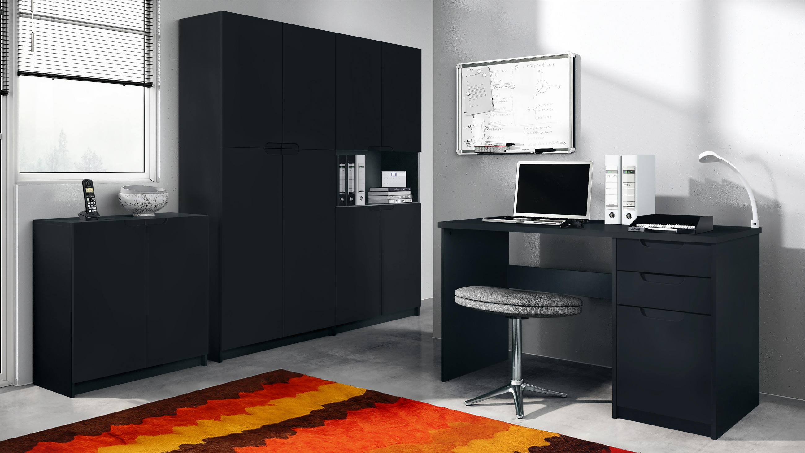 BÜROMÖBELSET Logan Fronten in Schwarz matt - Schwarz, Holzwerkstoff (246/185/60cm) - Vladon