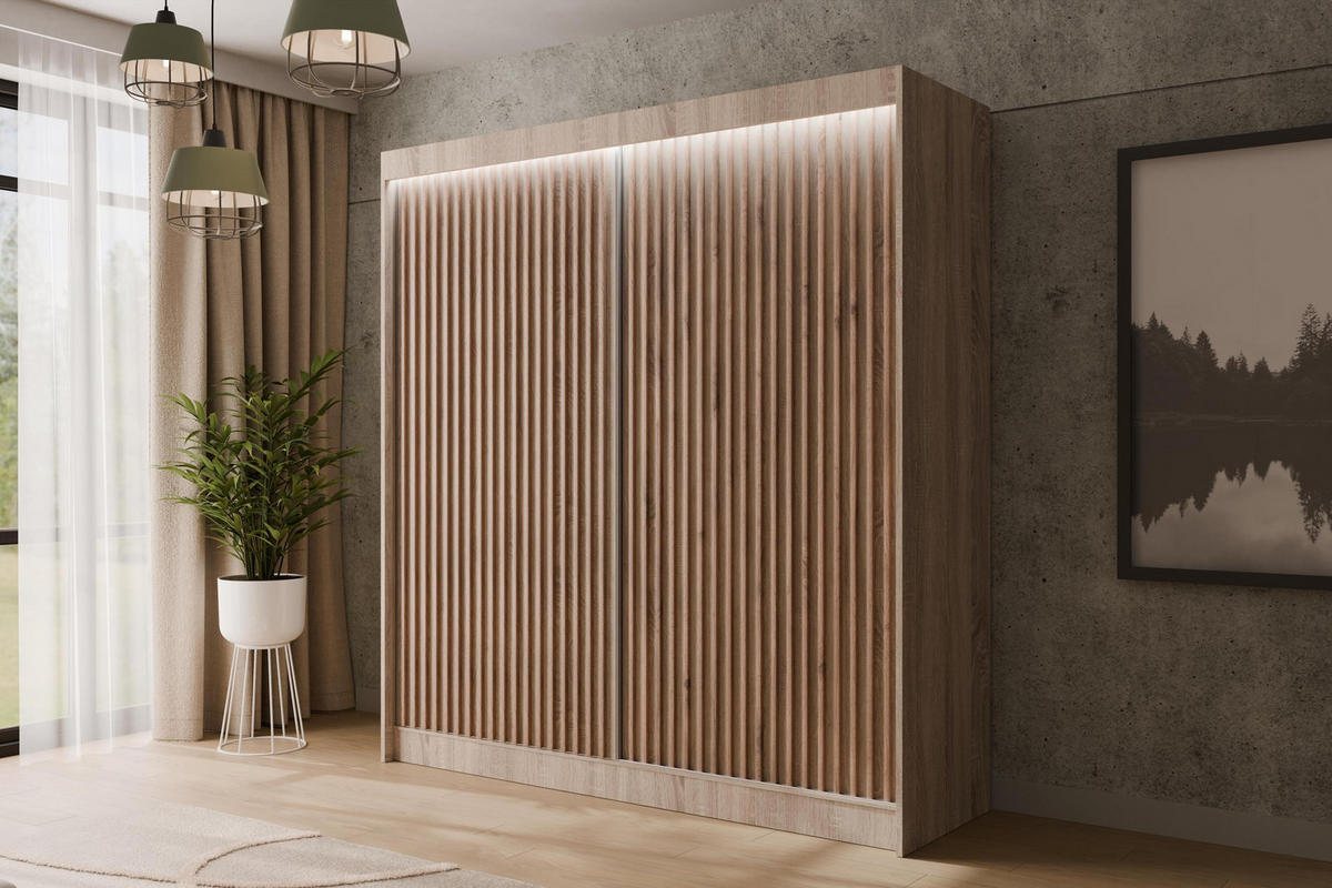 KLEIDERSCHRANK mit LED, Lamel-Schiebetüren VILANv2 - 200 cm Sonoma Eiche + Sonoma Eiche + Lamelle Eiche Wotan - Eiche Wotan/Sonoma Eiche, Holzwerkstoff (200/215/61cm) - ALTDECOR