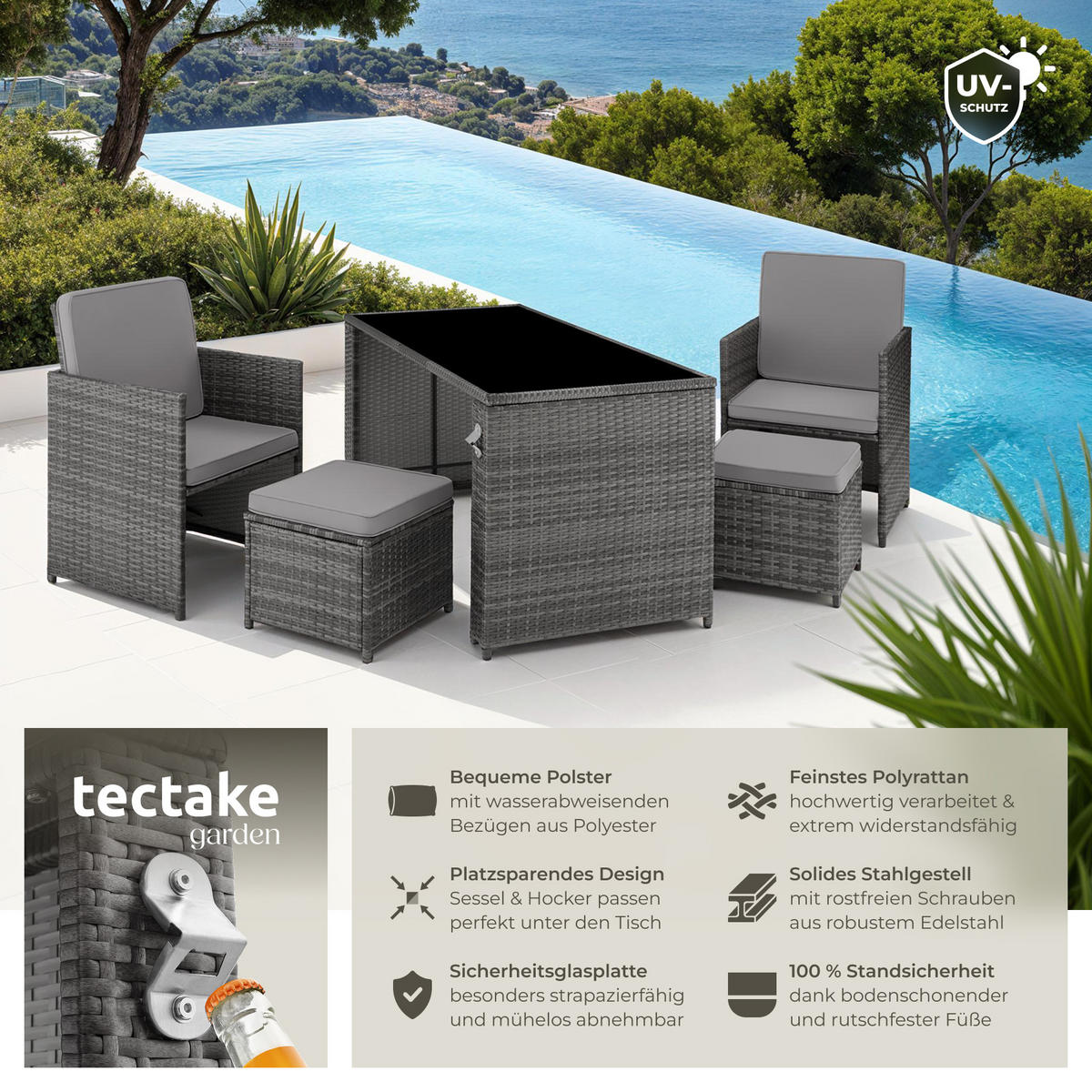 RATTAN SITZGRUPPE Palermo,inklusive Flaschenöffner, zusammenschiebbar,grau - Grau, Kunststoff - tectake