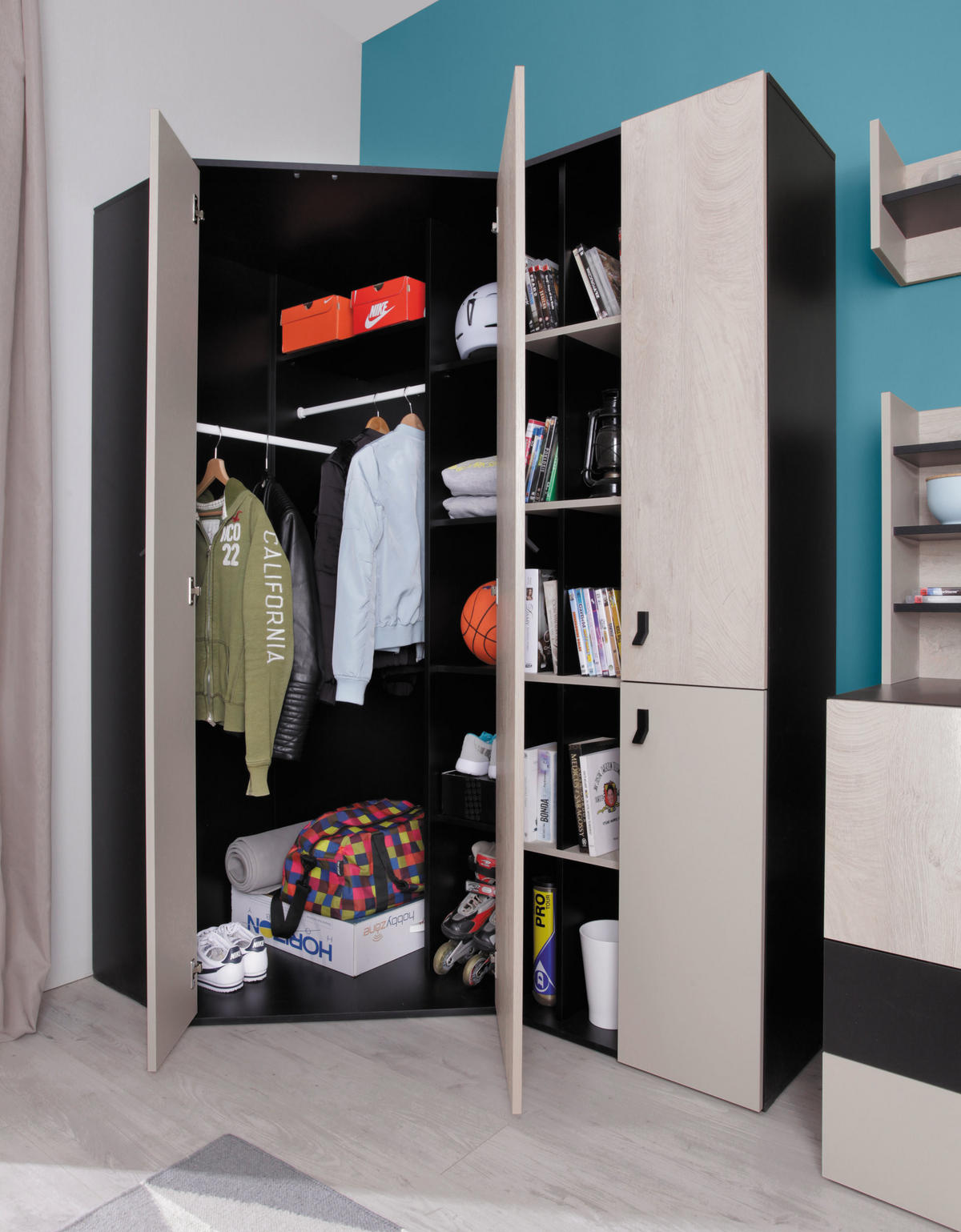 KLEIDERSCHRANK Spuki in Schwarz, Eiche und Beige – begehbarer Eckkleiderschrank - Schwarz, Holzwerkstoff (80/200/120cm)