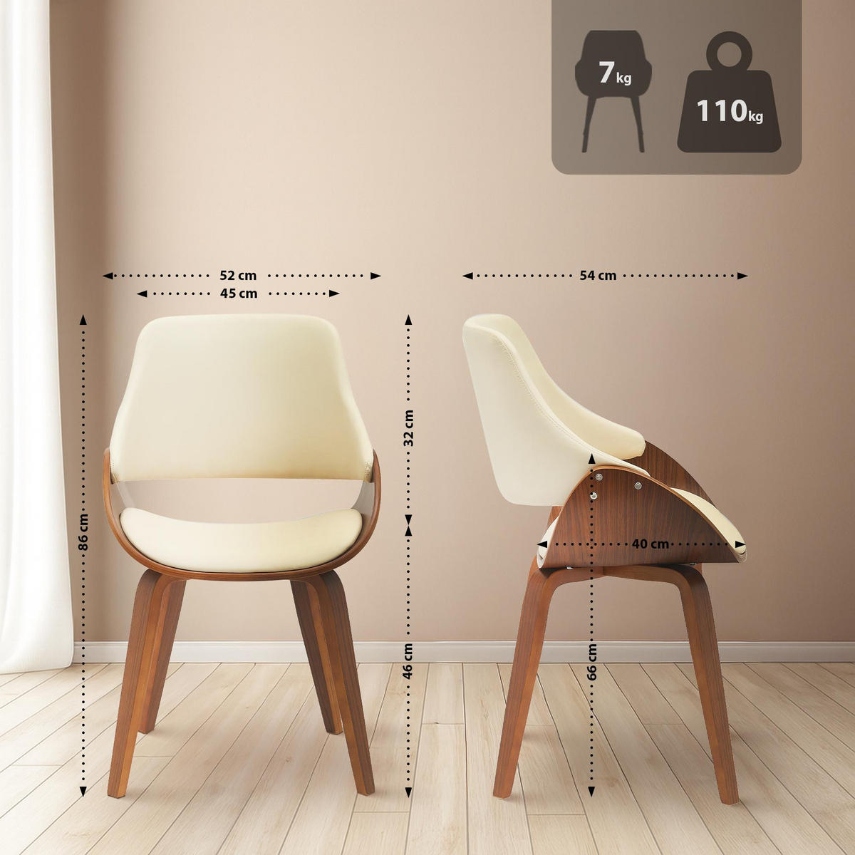 ESSZIMMERSTUHL 2er Set Lederlook Walnuss/Creme - Walnussfarben/Creme, Holz/Textil (52/86/54cm) - CLP