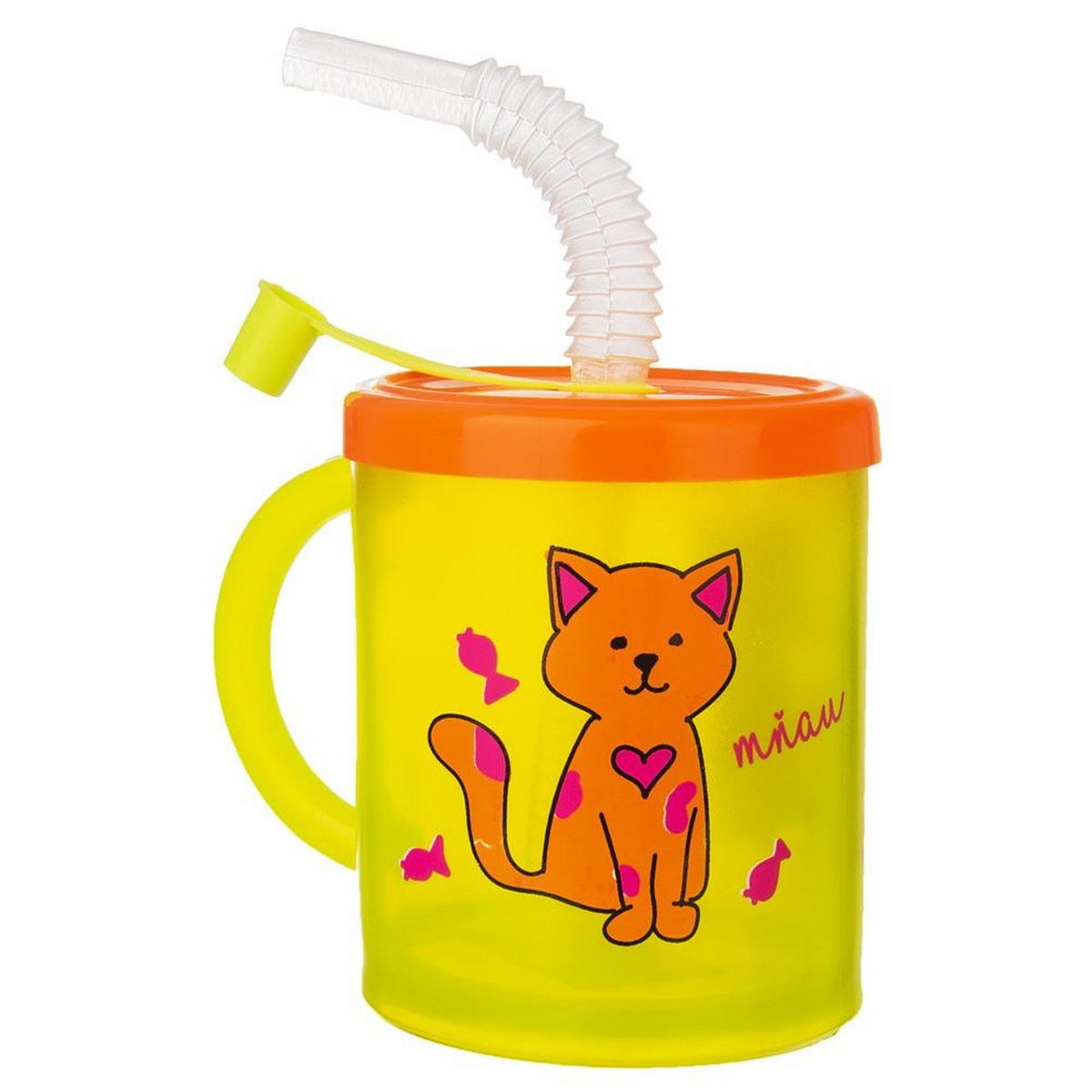 KINDERBECHER KATZE MIT STROHHALM, Kunststoff, gelb, 260 ml - Gelb, Kunststoff (0.26L) - Orion 
