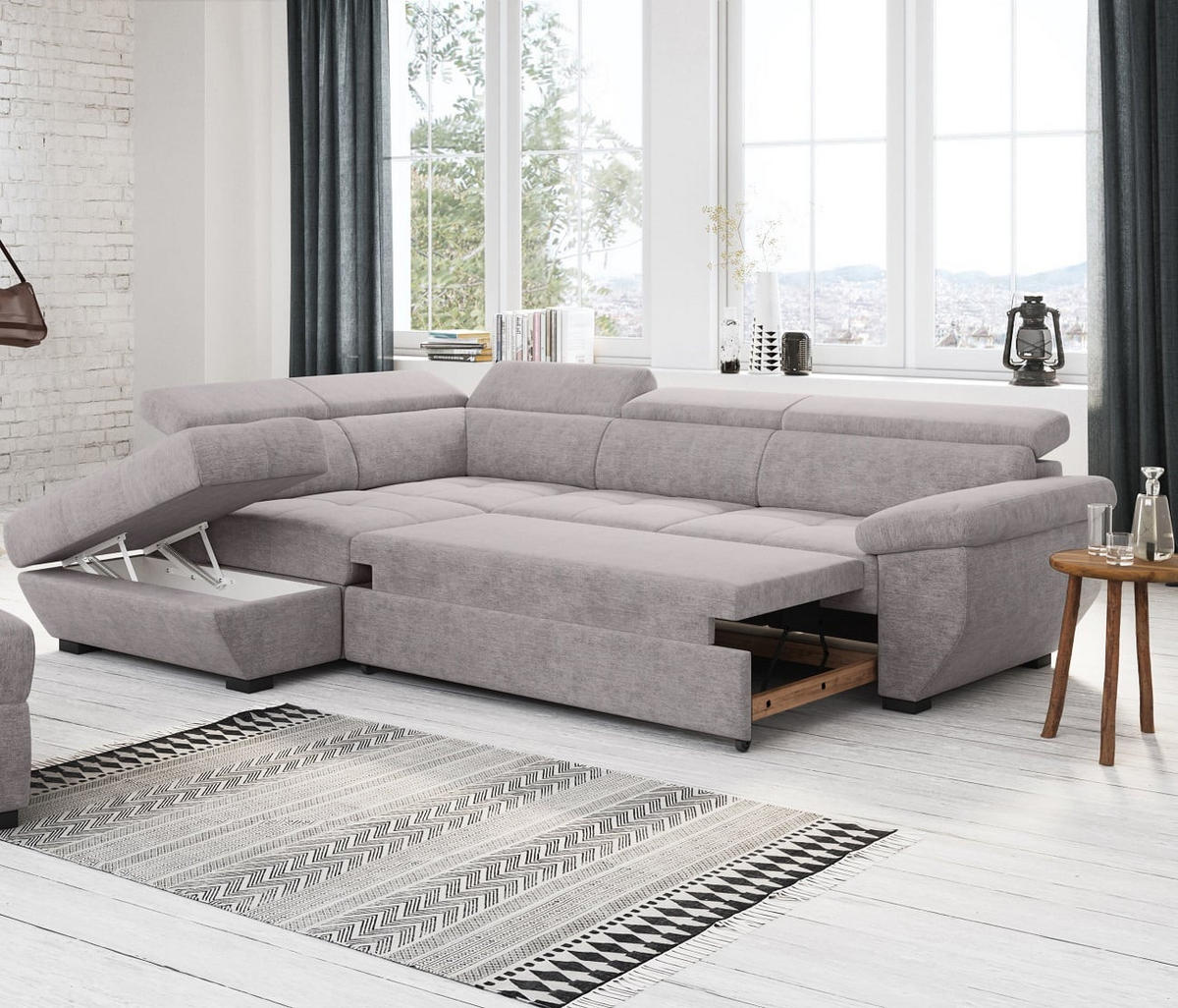 ECKSOFA mit Schlaffunktion und Bettkasten, verstellbare Kopflehnen - Schwarz/Grau, Kunststoff/Textil (262/224cm) - Cotta