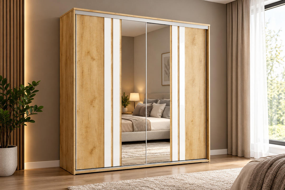SCHRANK A10 Eiche Craft Gold mit Lamellen & Spiegelfront – Moderner Schiebetürenschrank im Loft Design & Schlafzimmerschrank - Goldfarben, Holzwerkstoff (62/245/230cm) - BM-Möbel