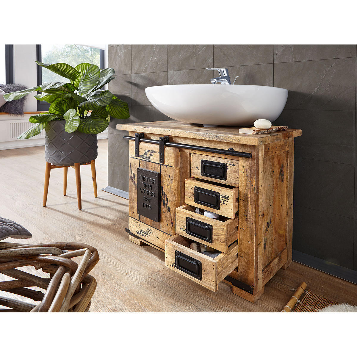 WASCHBECKENUNTERSCHRANK - Mango massiv / Eisen - Mango / Schwarz - Braun, Holz/Metall (70/60/40cm) - home24