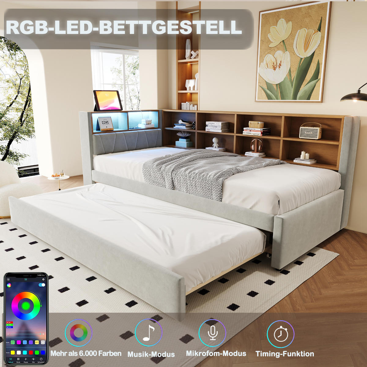 POLSTERBETT 90x200 cm LED USB hellgrau - Hellgrau, Textil (90/200cm) - Fortuna Lai