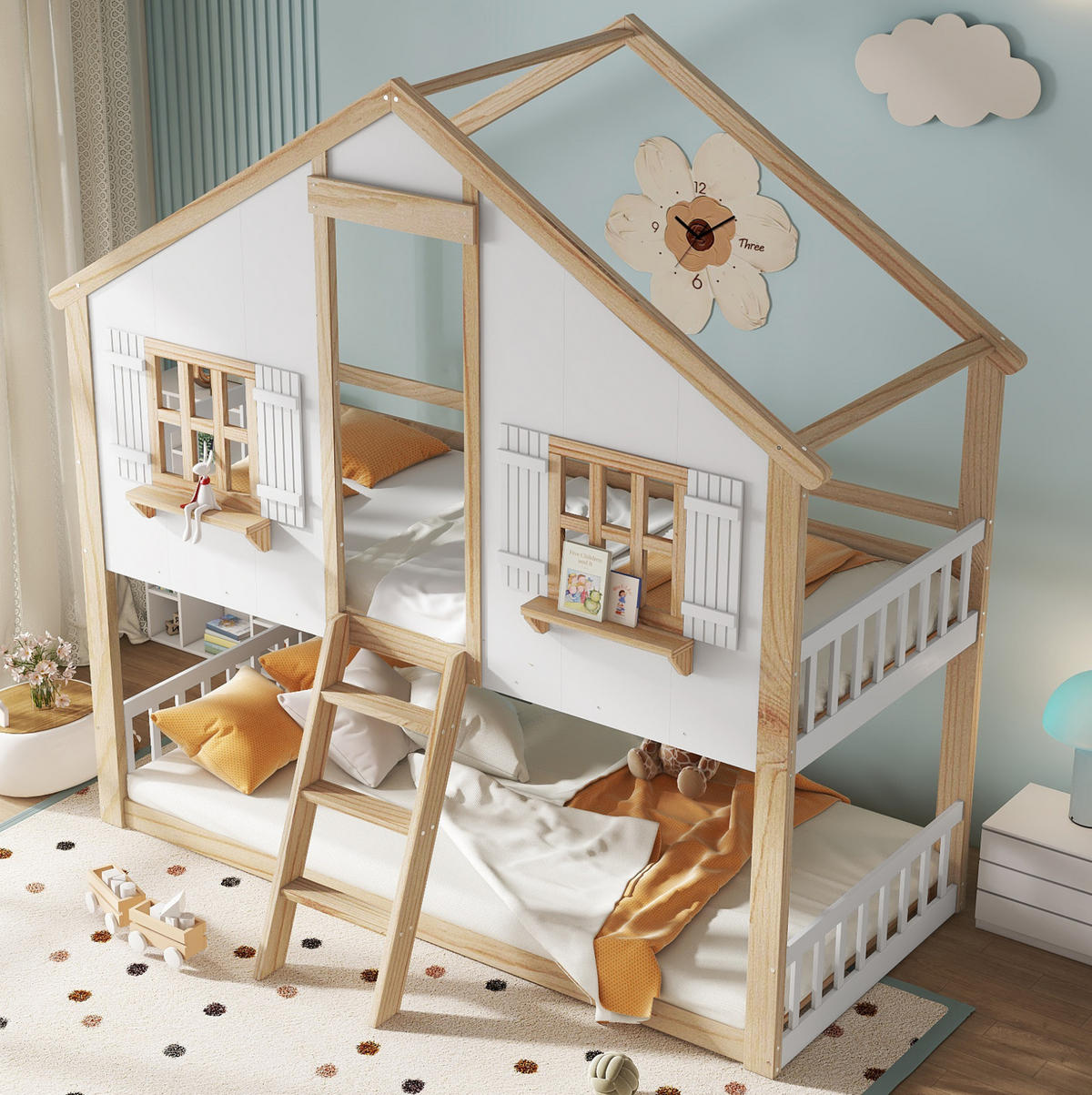 ETAGENBETT mit Fenster und Dach, Weiß/Natur, 90/200 cm, ohne Matratze - Weiß, Holz (90/200cm) - MIVRAY