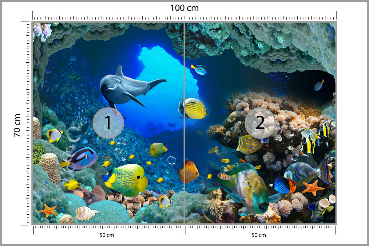 FOTOTAPETE für Badezimmer Unterwasser Korallenriffe Fische 100x70 - Türkis/Blau, Papier (100/70cm) - Muralo