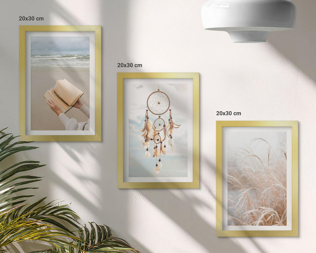 BILDER SET 3er Set - 20x30 cm Goldrahmen - Friedliche sommerliche Boho-Landschaften - Goldfarben, Kunststoff (20/30cm) - TULUP