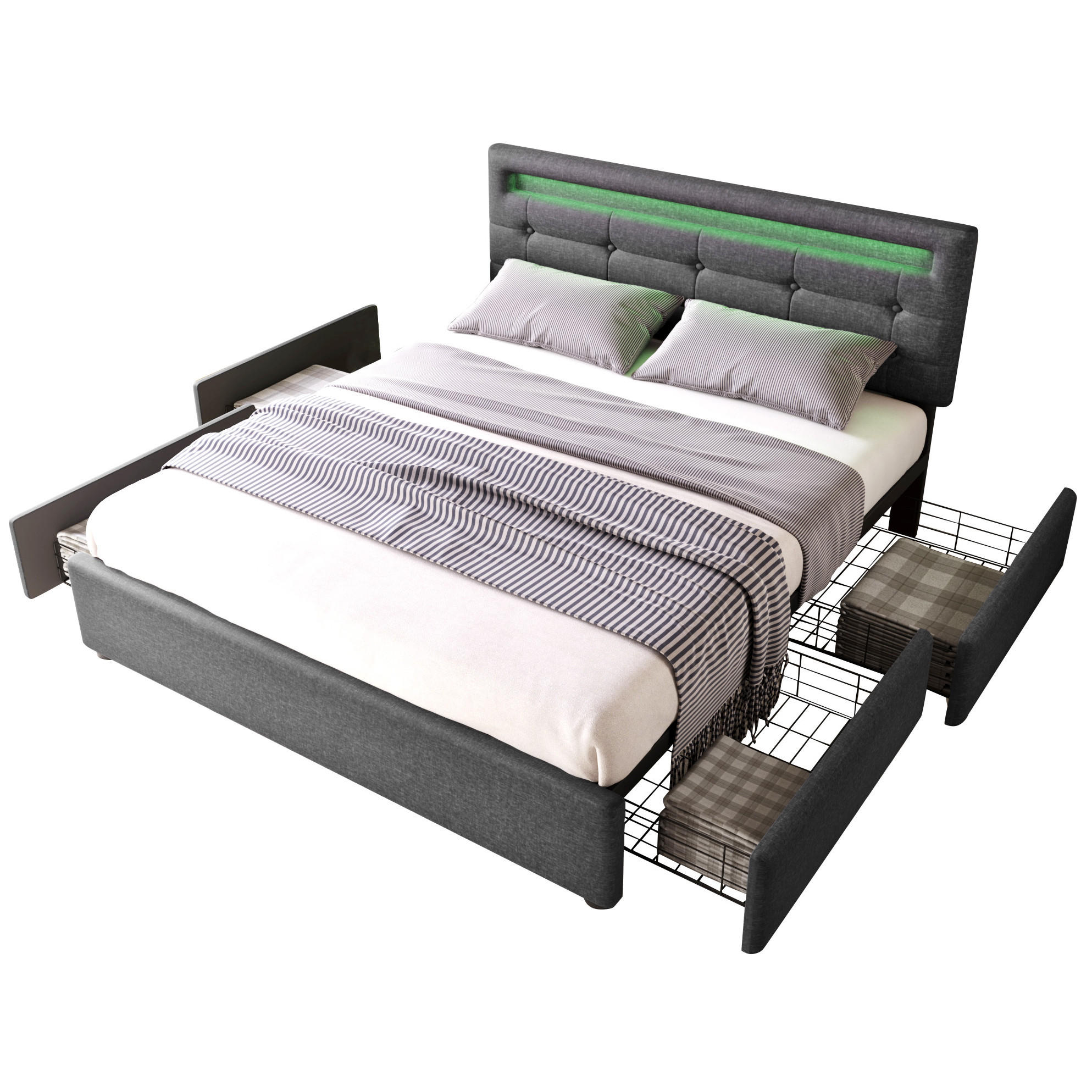 POLSTERBETT mit LED-Beleuchtung 140/200 cm mit 4 Schubladen, grauem Kopfteil - Grau, Textil (140/200cm) - BEAOK