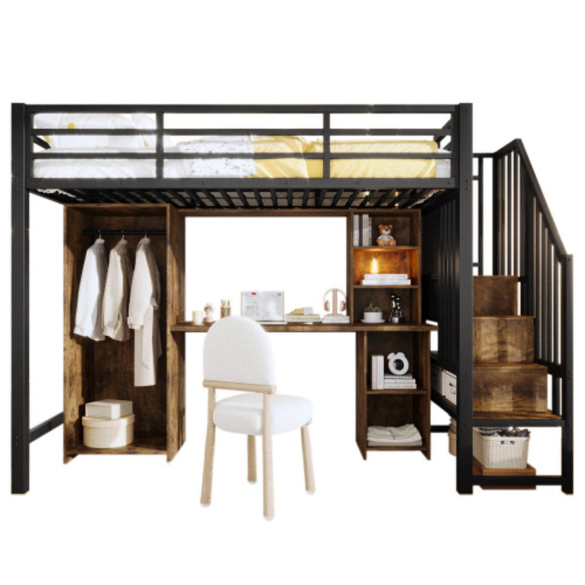 HOCHBETT 90x200 cm aus Metall und MDF mit Kleiderschrank, Schreibtisch und vielen Staufächern, Schwarz - Schwarz, Holzwerkstoff - Luhomfu