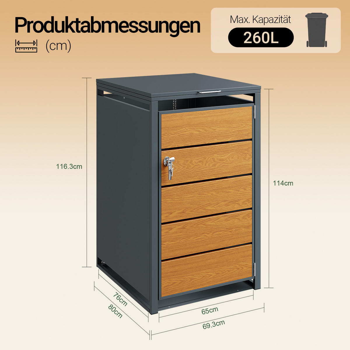 MÜLLTONNENBOX Metall Einzelbox 240L 69,2×116,2×80,2 cm - Ahornfarben, Fell/Metall (69/116/80cm) - SoBuy