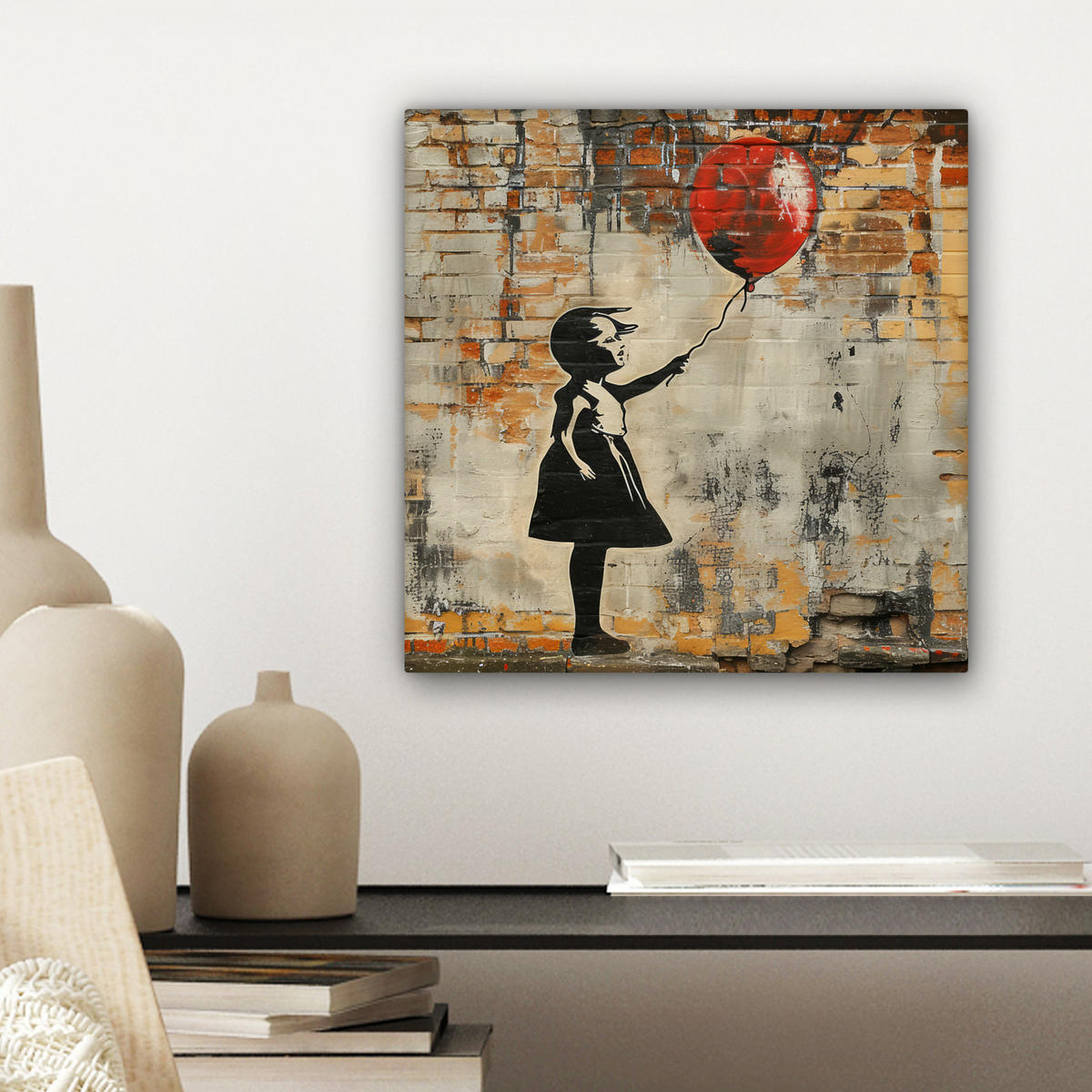 LEINWANDBILD Graffiti - Banksy - Mädchen - Straßenkunst Deko Wohnzimmer 20x20 cm - Sandfarben, Textil (20/20cm) - MuchoWow