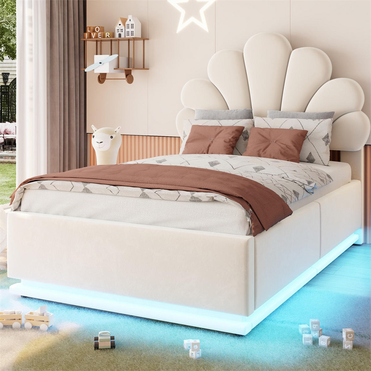POLSTERBETT 90x200 cm mit Blüten-Kopfteil - LED Beleuchtung & hydraulischem Stauraum - Beige - ohne Matratze - Beige, Textil (90/200cm) - DELFA