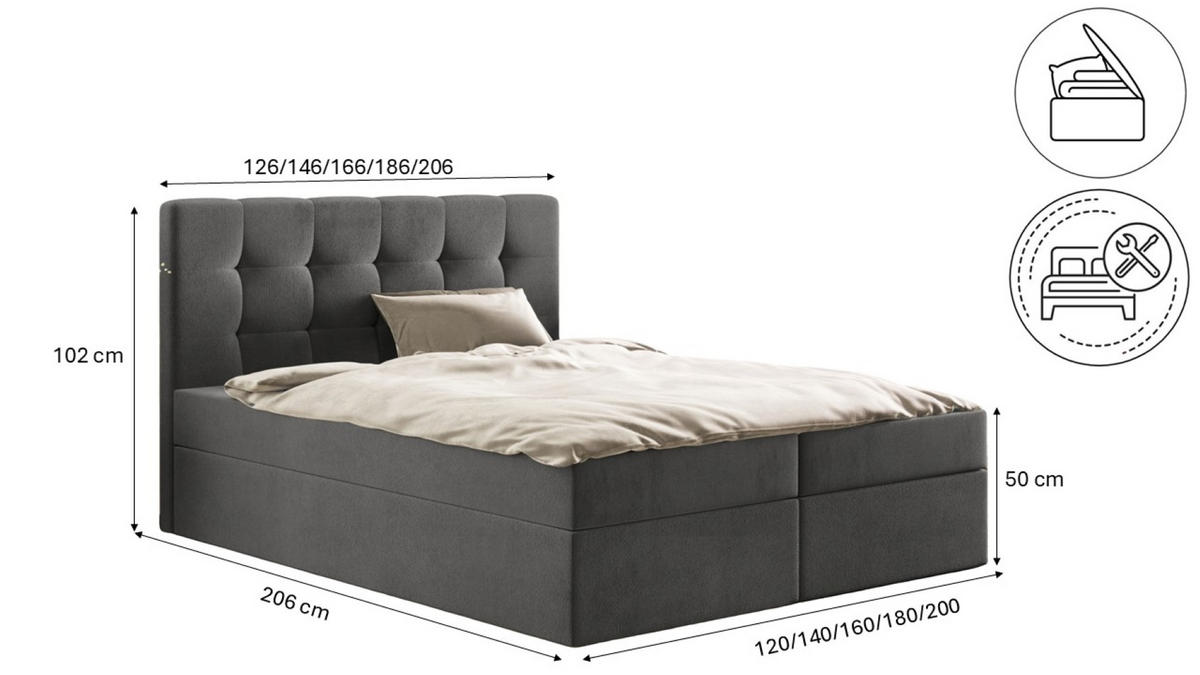 BOXBETT Bettkasten LUDANO Stoff Cosmic Dunkelgrau 140x200 cm H2-Pocket - Dunkelgrau, Holz (140/200cm) - Kaiser Möbel