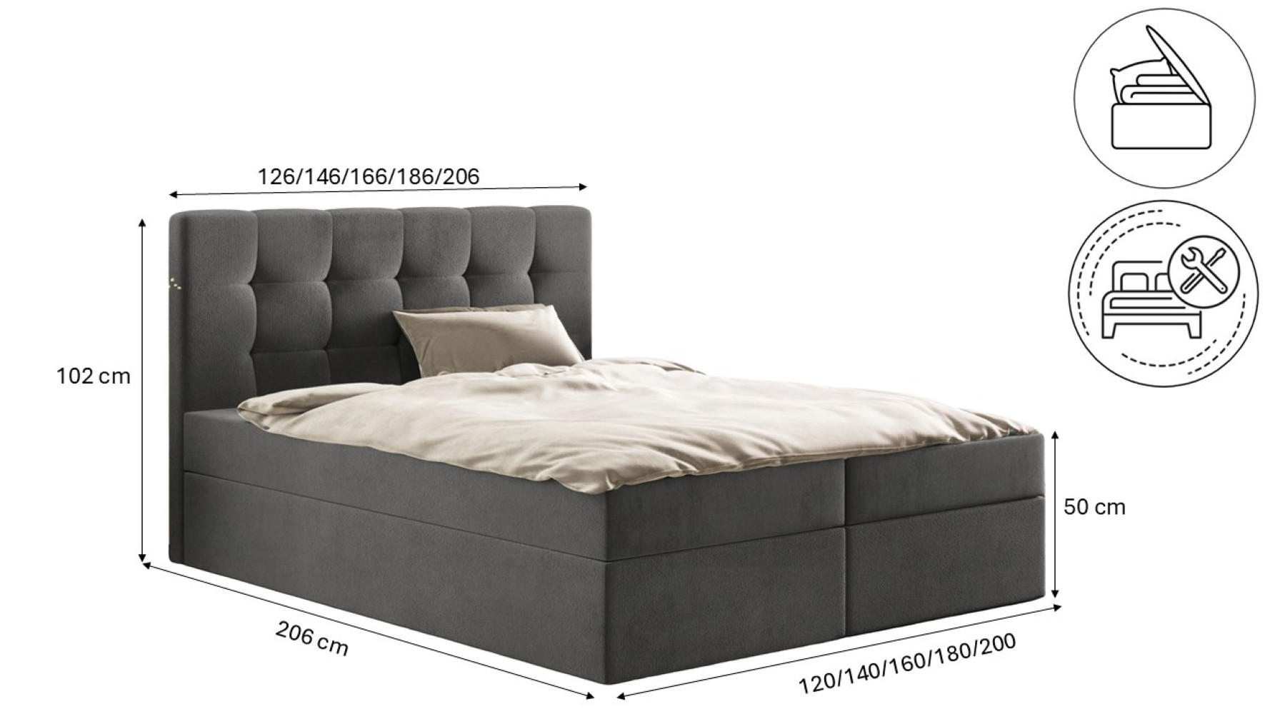 Thumbnail - Kaiser Möbel Boxbett, Dunkelgrau, Holz, H3, 200x200 cm, Schlafzimmer, Betten, Boxspringbetten