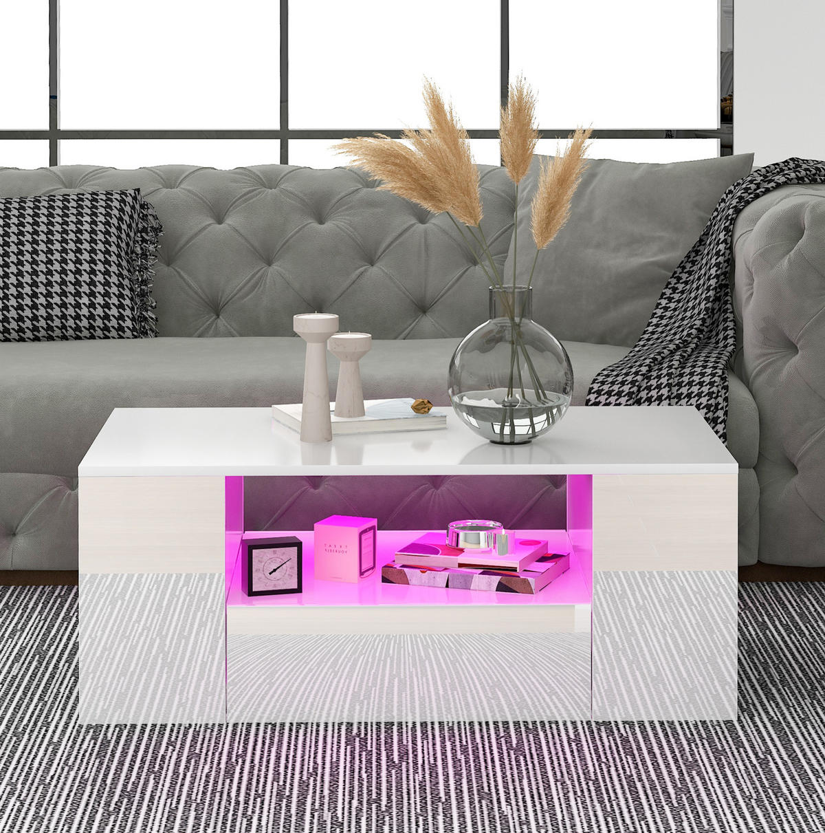 KONFERENČNÍ stolek z dřevotřísky 95x53x37 cm bílý s LED osvětlením, 2 zásuvkami a 2 policemi - bílá, kompozitní dřevo (95/53/37cm) - Modfu