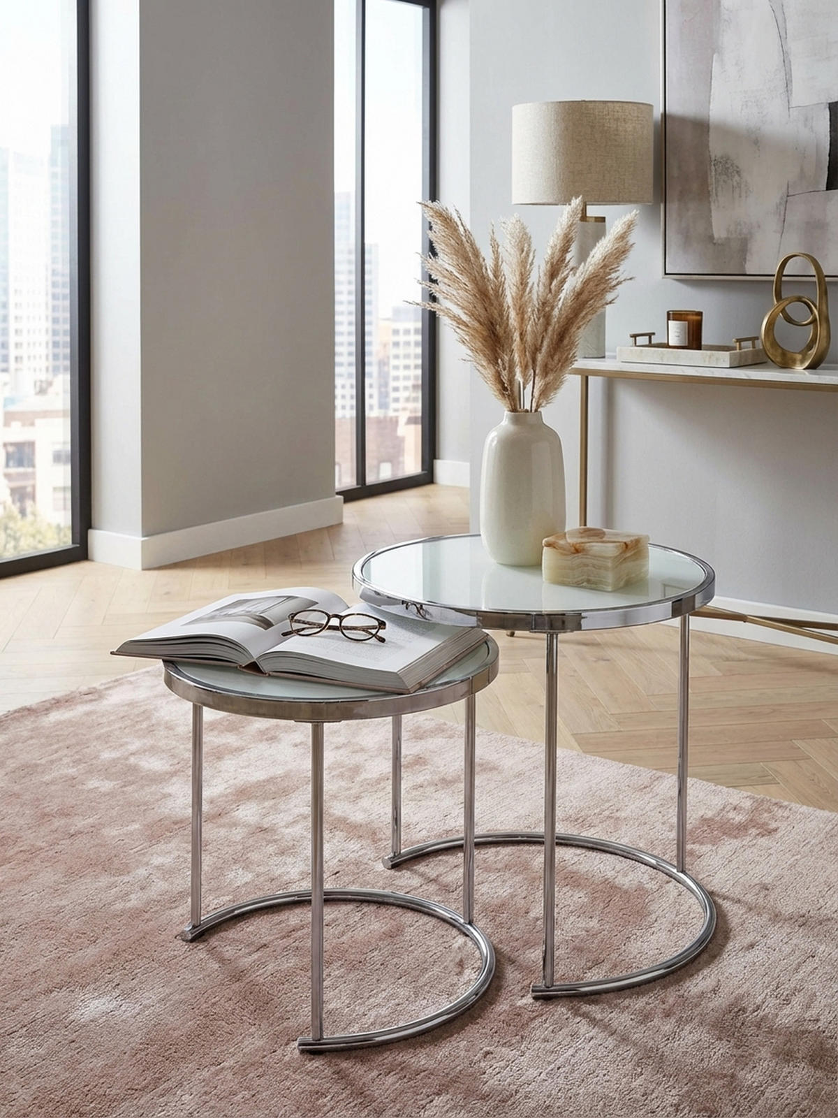 COUCHTISCH Set – Rund Glas 2-teilig mit Stauraum platzsparend - Silberfarben, Glas/Metall (50/50/50cm) - KADIMA DESIGN